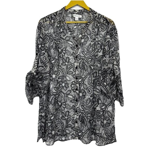 Coldwater Creek Floral Button Up Shirt 2x Chiffon Topper Black Roll Tab Sleeves - Picture 1 of 9